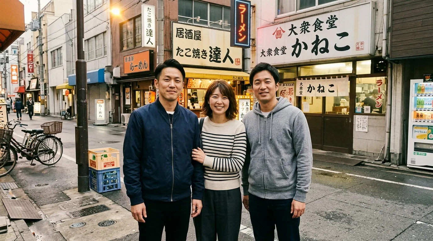 Trois personnes souriantes posent dans une rue commer&ccedil;ante japonaise.