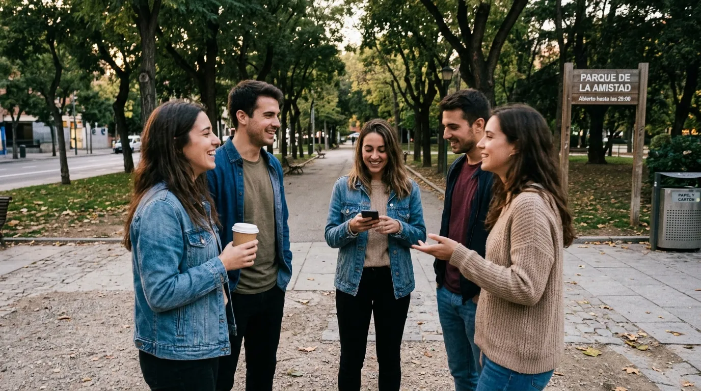 Cinq jeunes adultes conversent dans un parc urbain