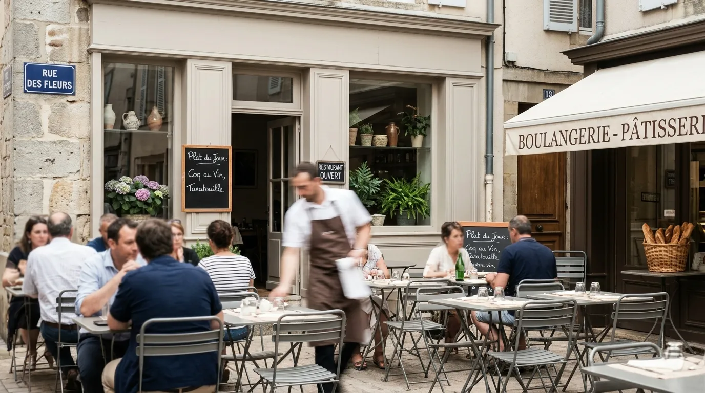 Clients d&icirc;nent en terrasse d'un restaurant fran&ccedil;ais rue des Fleurs