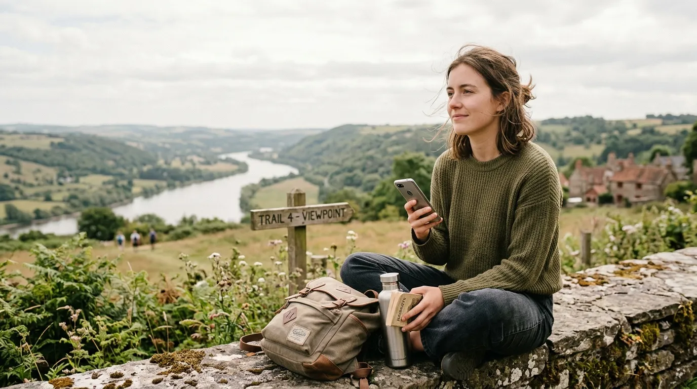 Femme avec t&eacute;l&eacute;phone &agrave; un point de vue surplombant une vall&eacute;e fluviale