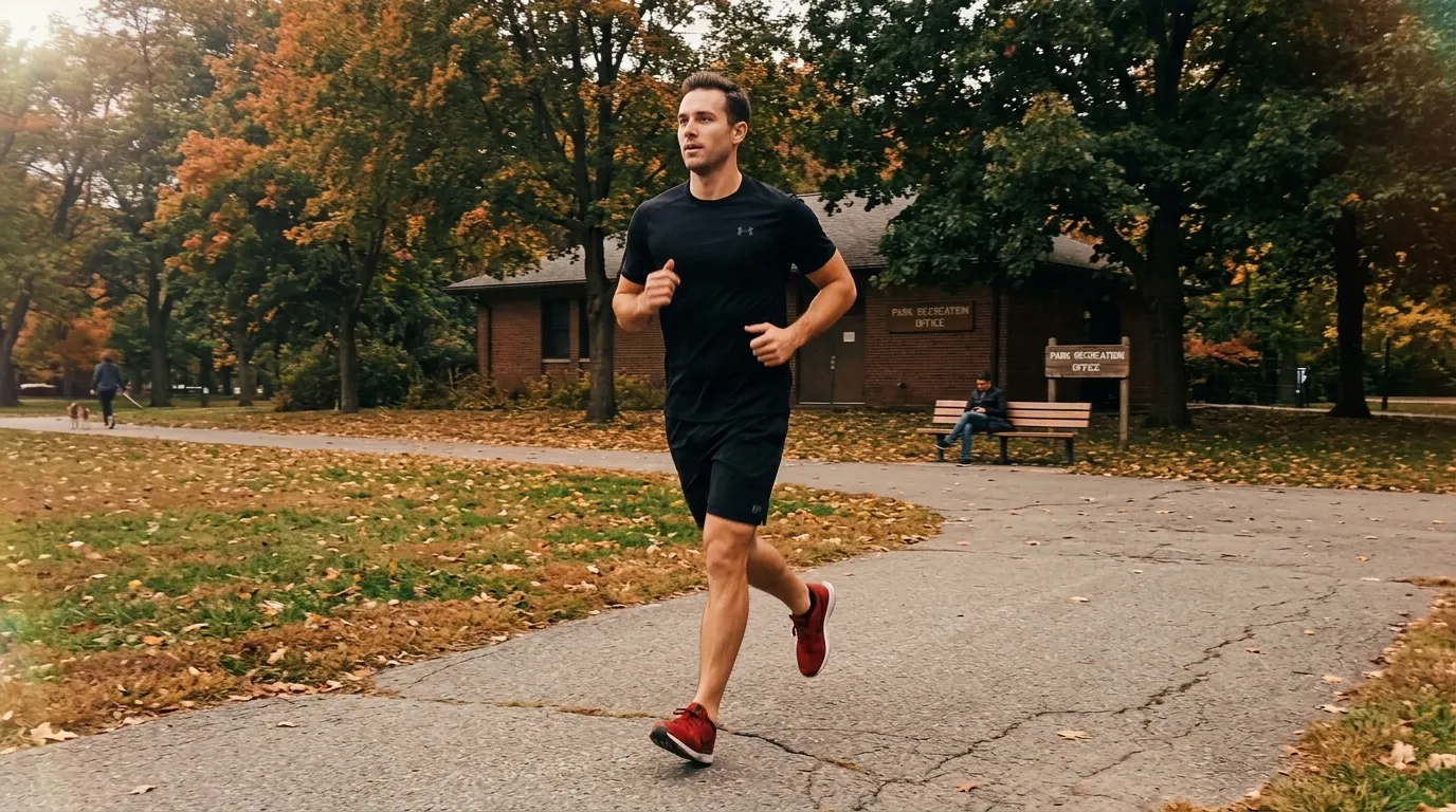 Homme jogging sur sentier automnal dans parc public