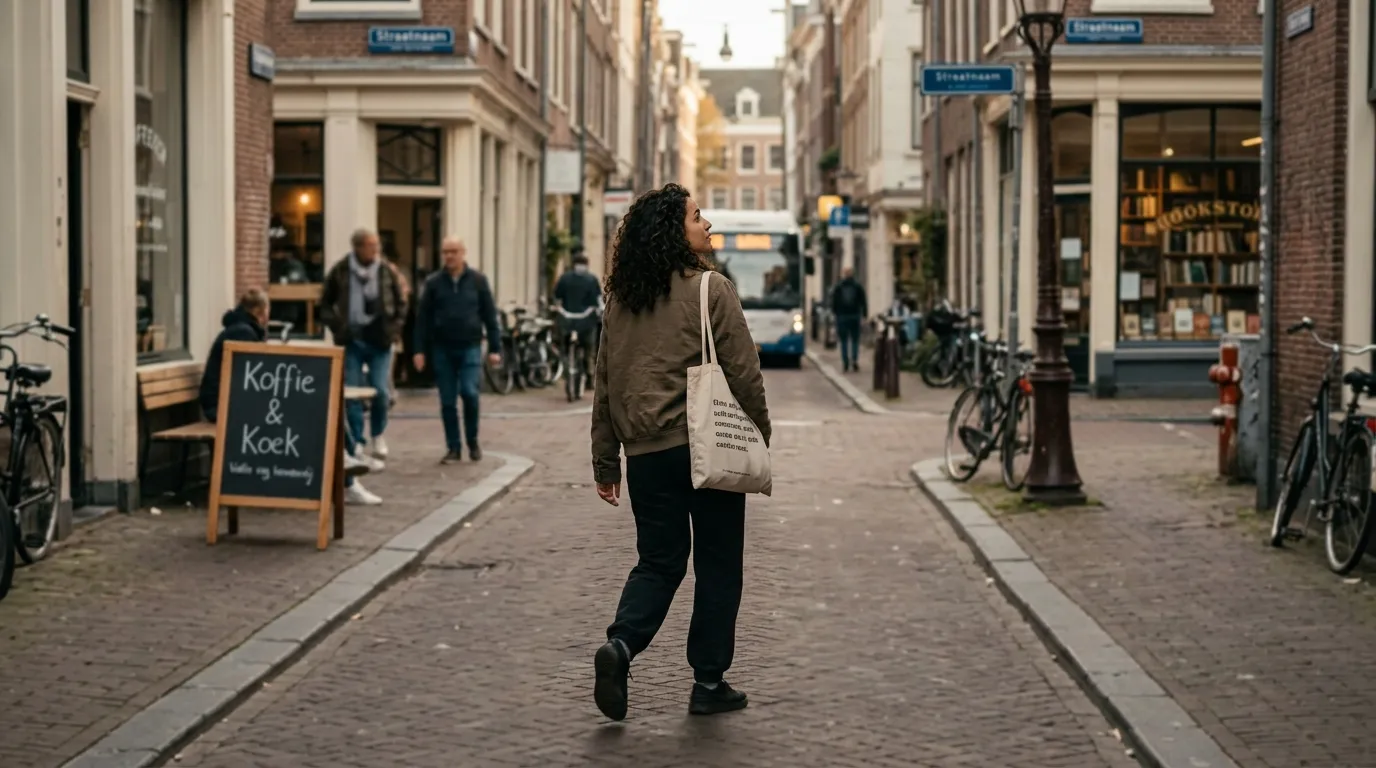 Femme jogging sac blanc rue pav&eacute;e Amsterdam