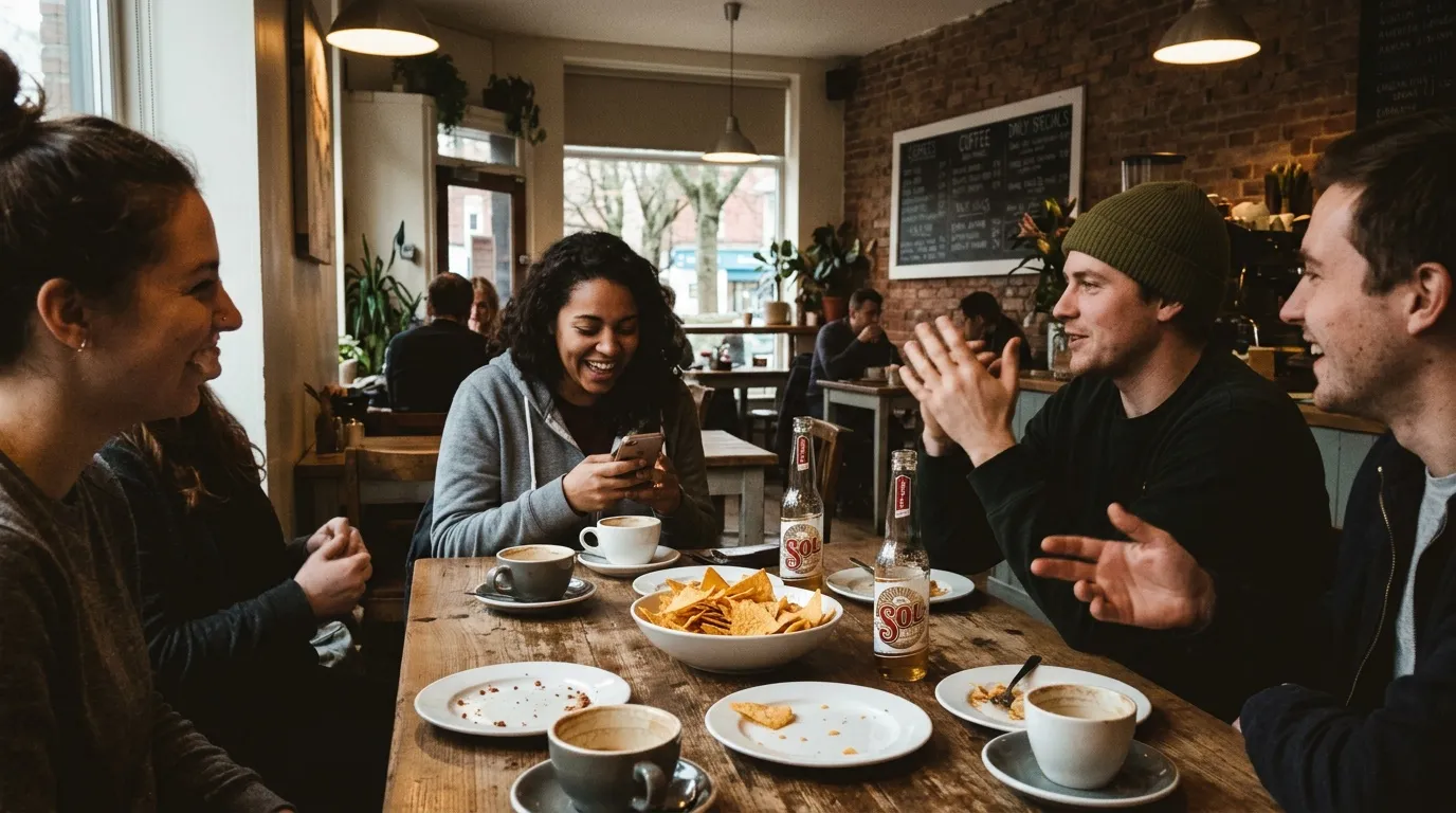 Quatre personnes rient autour d'une table dans un café