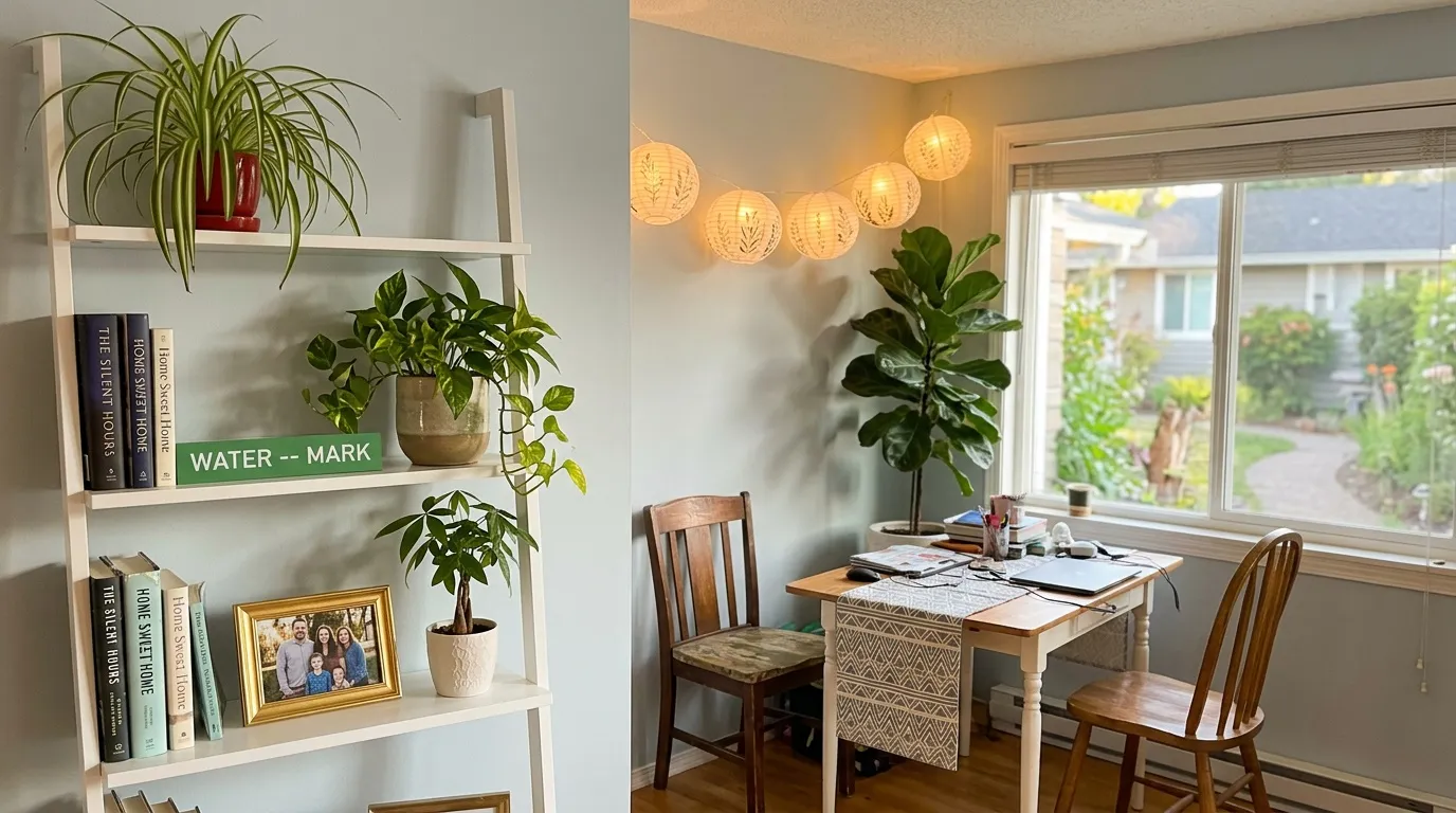 Bureau avec plantes vertes, étagère blanche et guirlande lumineuse