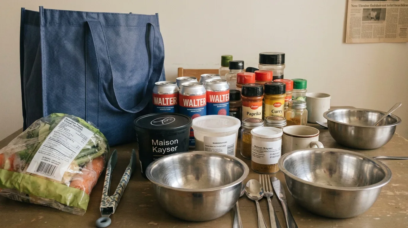 Ustensiles de cuisine, ingrédients et provisions organisés sur table