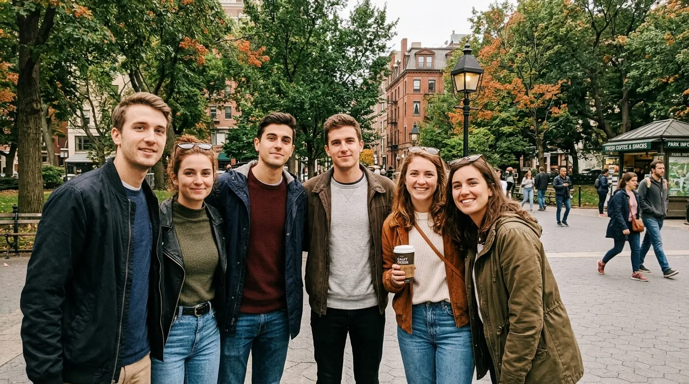Six jeunes gens souriants posent ensemble dans un parc automnal.