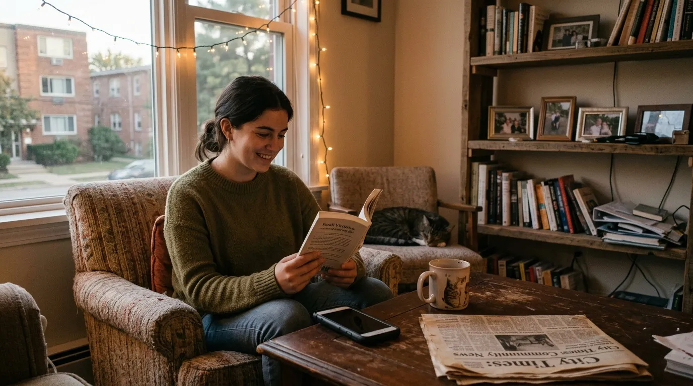 Jeune femme lisant un livre dans un fauteuil confortable près d'une fenêtre.