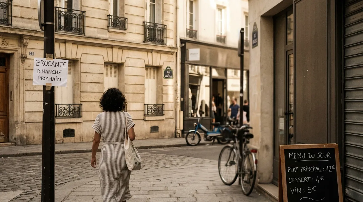 Femme marchant dans une rue parisienne avec panneau de brocante