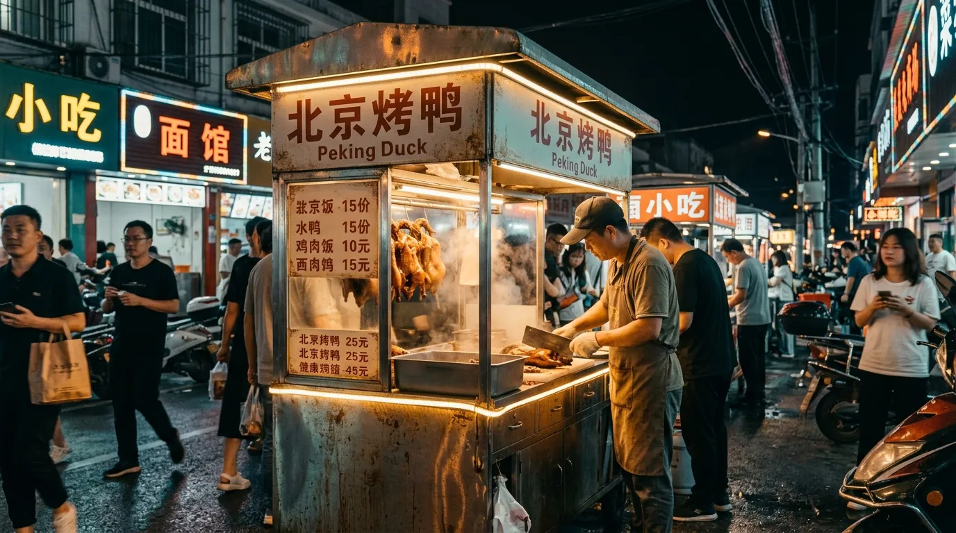 Vendeur de canard de Pékin dans un marché de nuit animé
