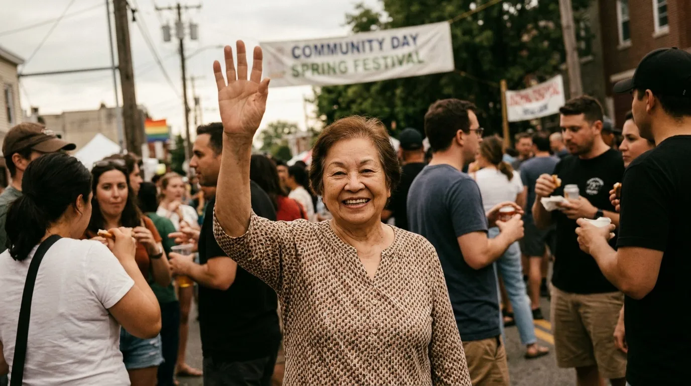 Femme souriante saluant lors d'un festival communautaire de printemps.