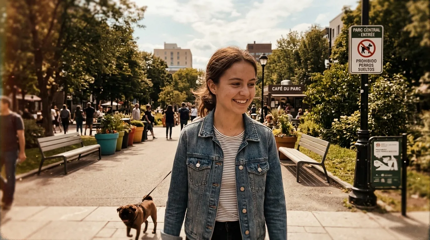 Jeune fille souriante promenant un chien dans un parc urbain