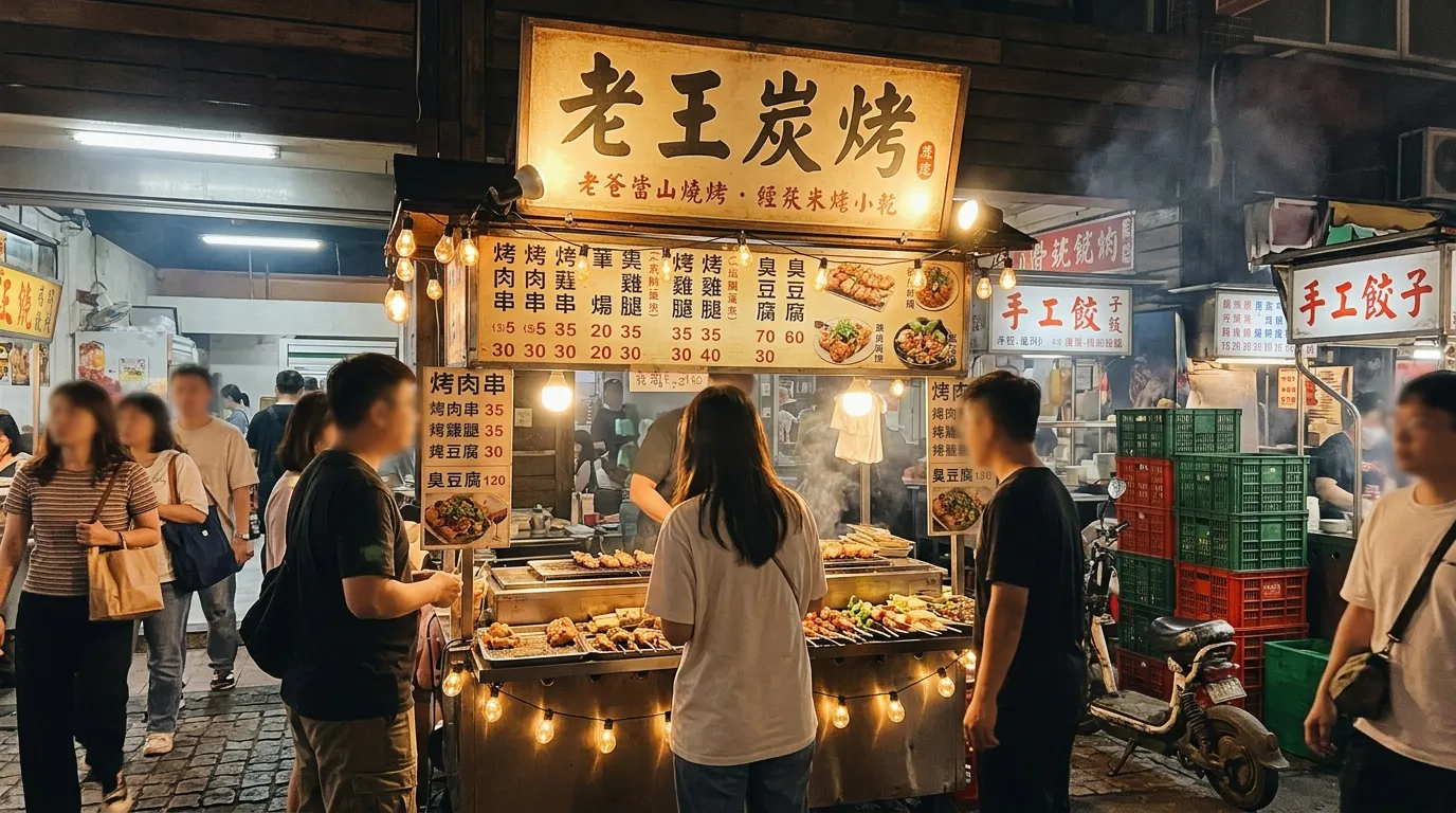 Stand de grillades asiatiques anim&eacute; avec clients en soir&eacute;e