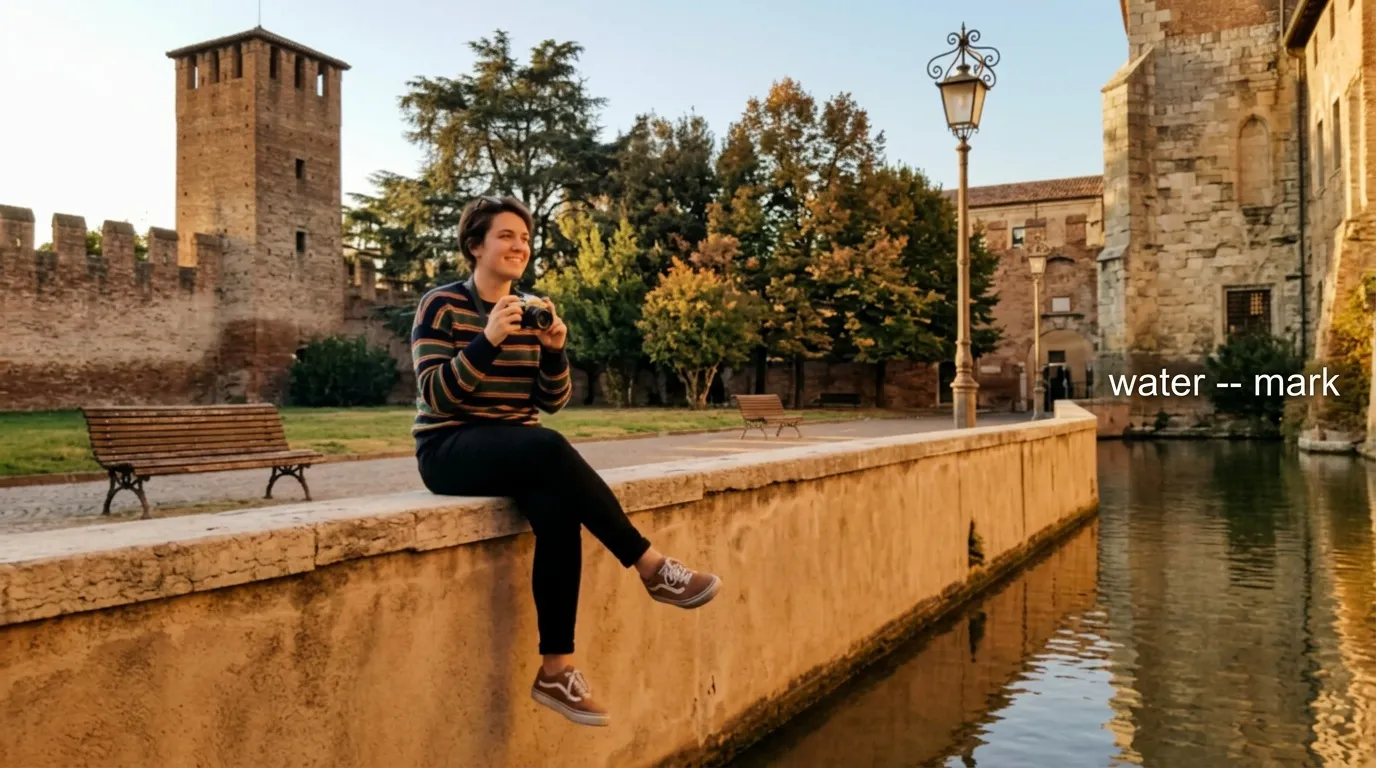 Femme assise sur un mur en pierre, photographiant pr&egrave;s d'une forteresse