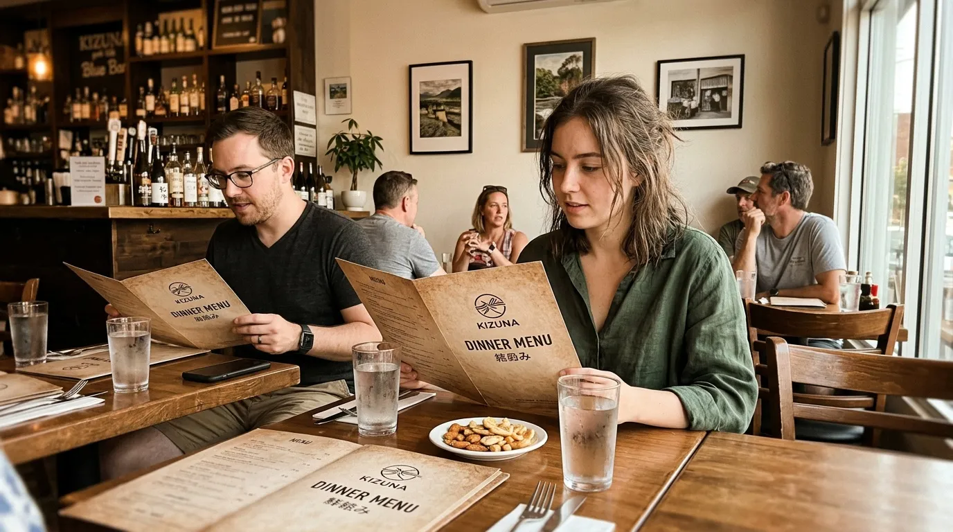 Deux clients examinent le menu du d&icirc;ner dans un restaurant japonais