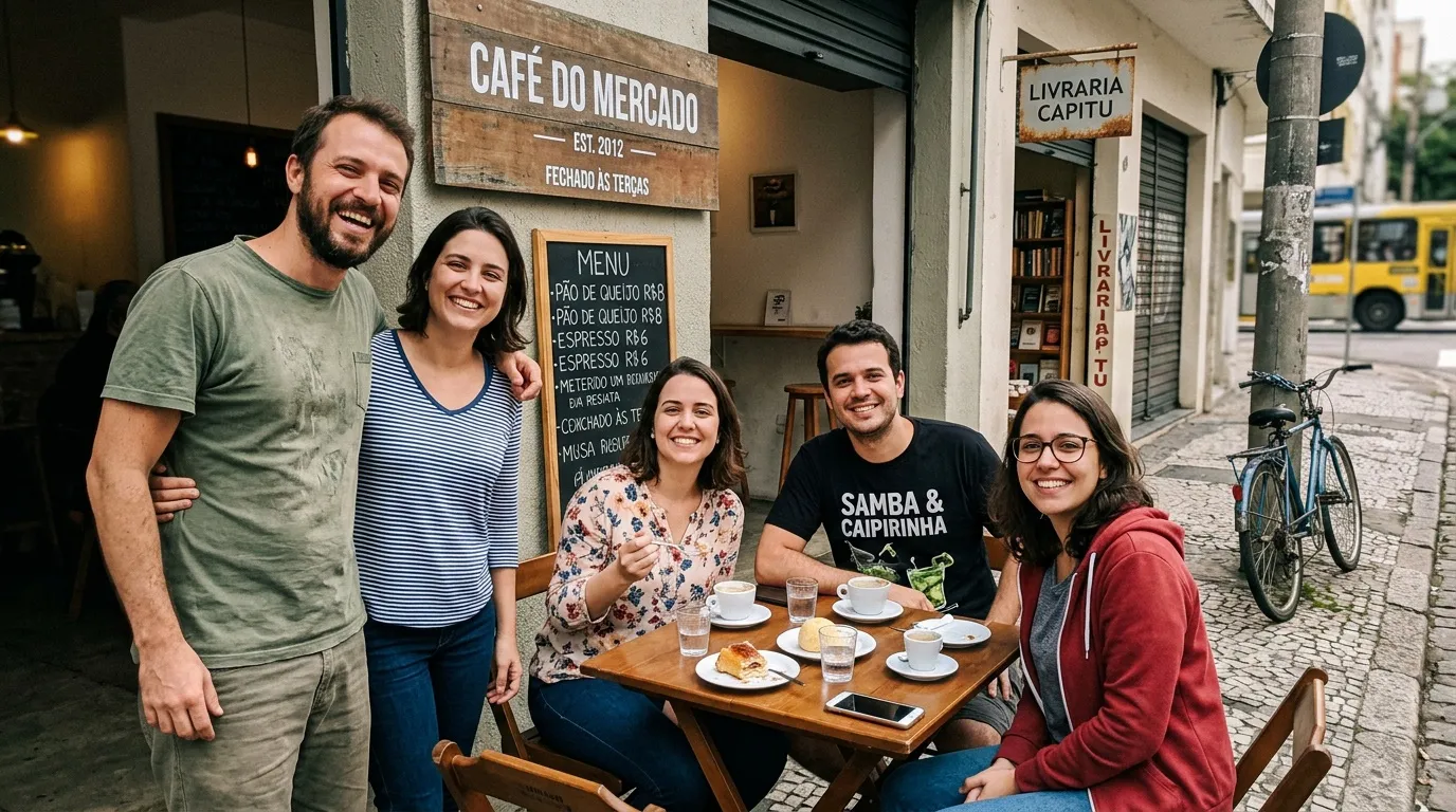 Groupe de cinq amis souriants devant un caf&eacute; &agrave; Lisbonne