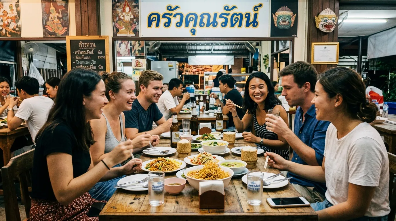 Groupe de personnes partageant un repas tha&iuml; autour d'une table