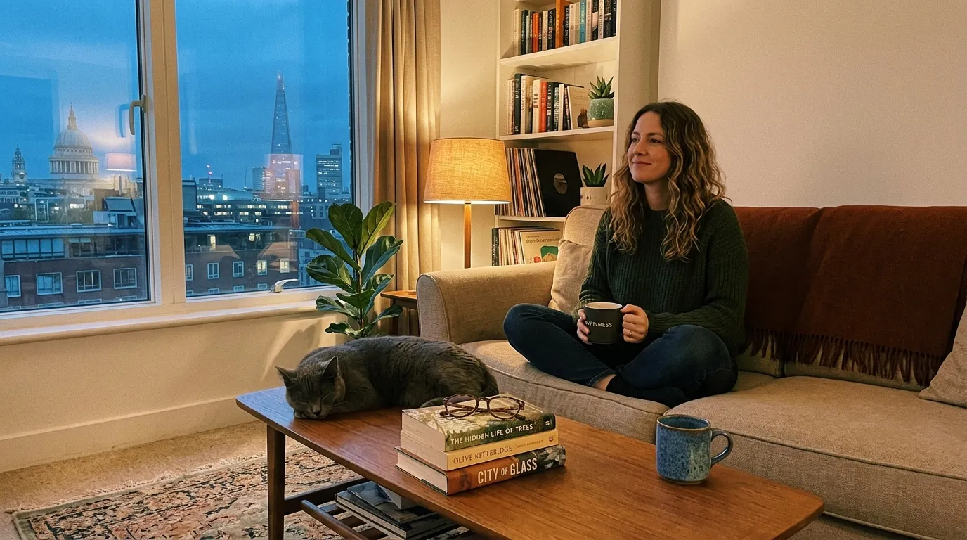 Femme relaxant sur canap&eacute; avec chat, vue sur Londres