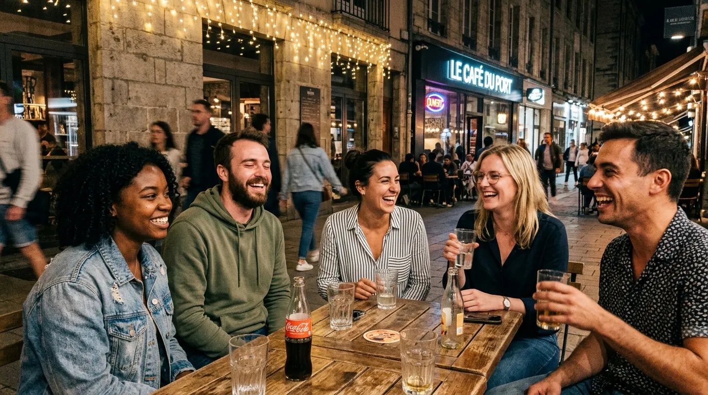 Groupe de cinq personnes souriantes autour d'une table en terrasse urbaine