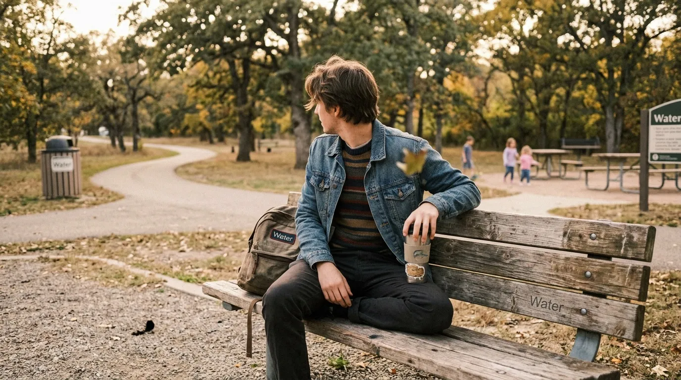 Adolescent assis sur banc en bois dans un parc automnal