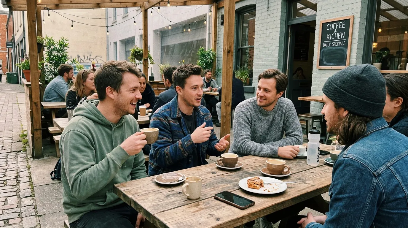 Groupe de personnes discutant autour d'une table de café en extérieur