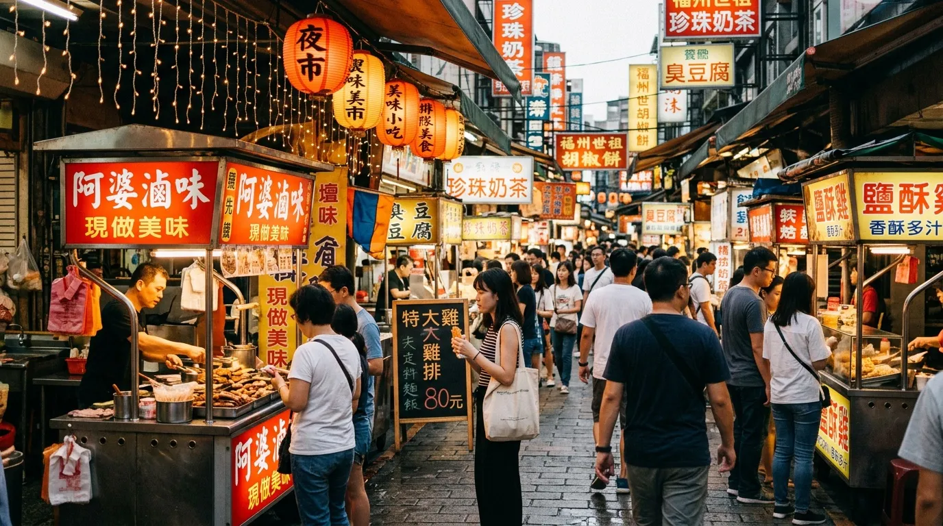 Foule dans marché asiatique avec lanternes et enseignes colorées