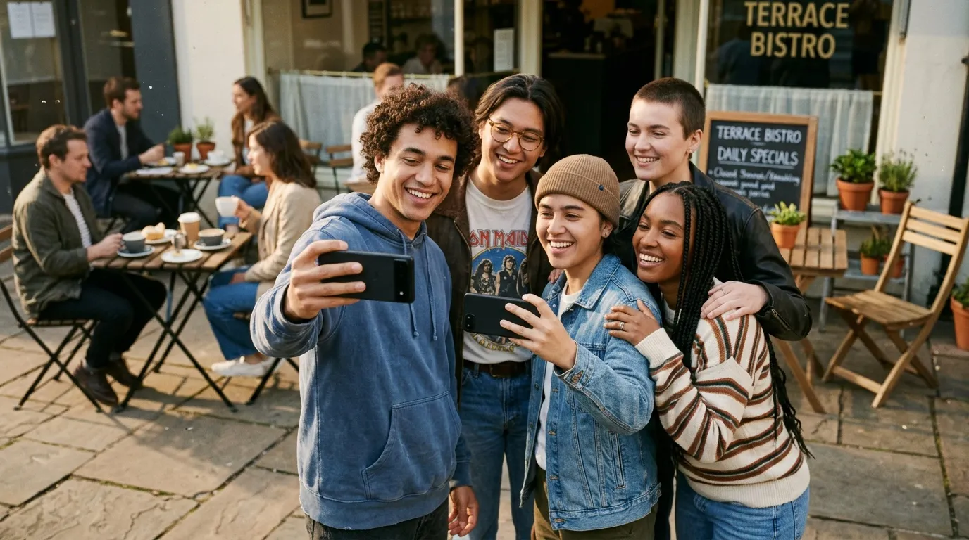 Groupe de jeunes gens souriants prenant un selfie à une terrasse bistro