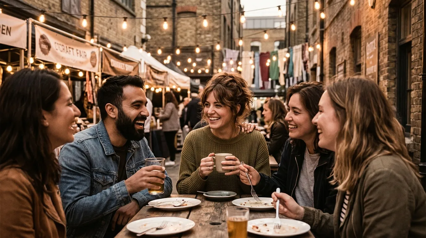 Groupe d'amis souriants autour d'une table en plein air