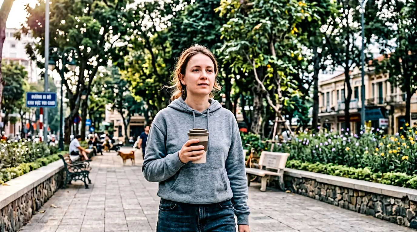 Femme en sweat gris tenant un café dans une allée verte