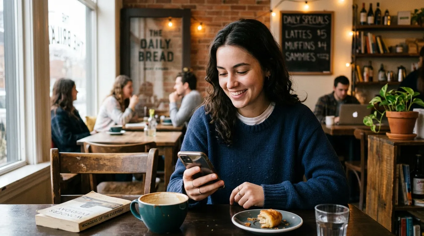 Jeune femme sourit en regardant son téléphone dans un café