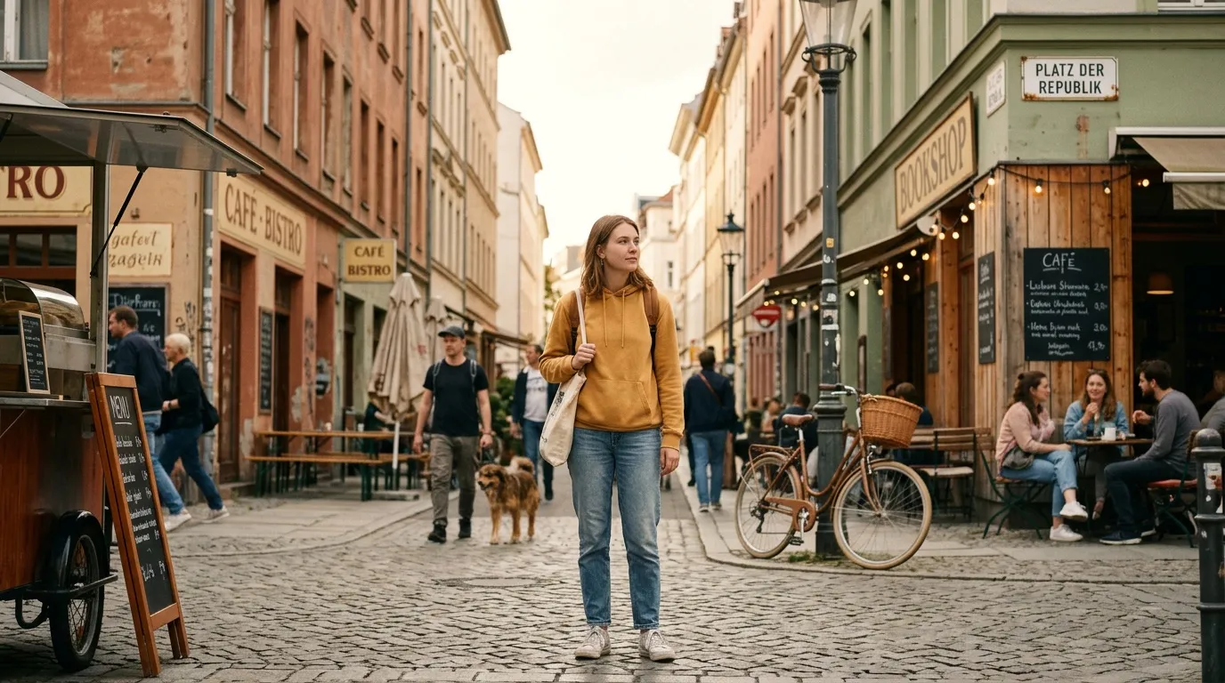 Femme en hoodie jaune marchant dans une ruelle pavée avec cafés