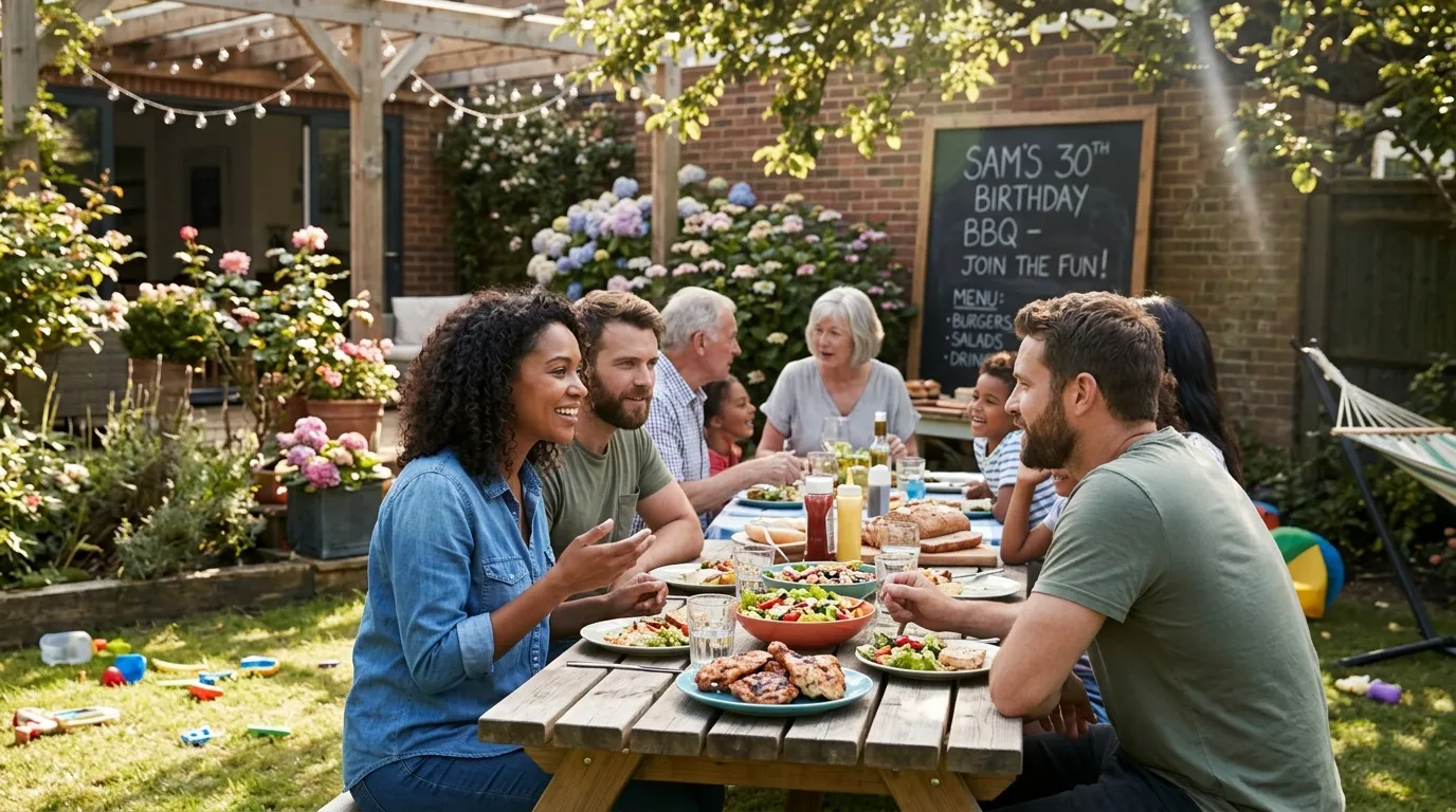 Groupe de personnes célébrant un anniversaire autour d'une table de pique-nique