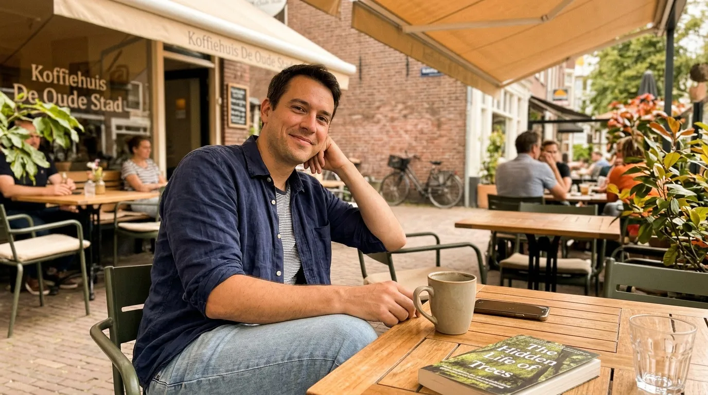 Homme souriant assis en terrasse avec café et livre