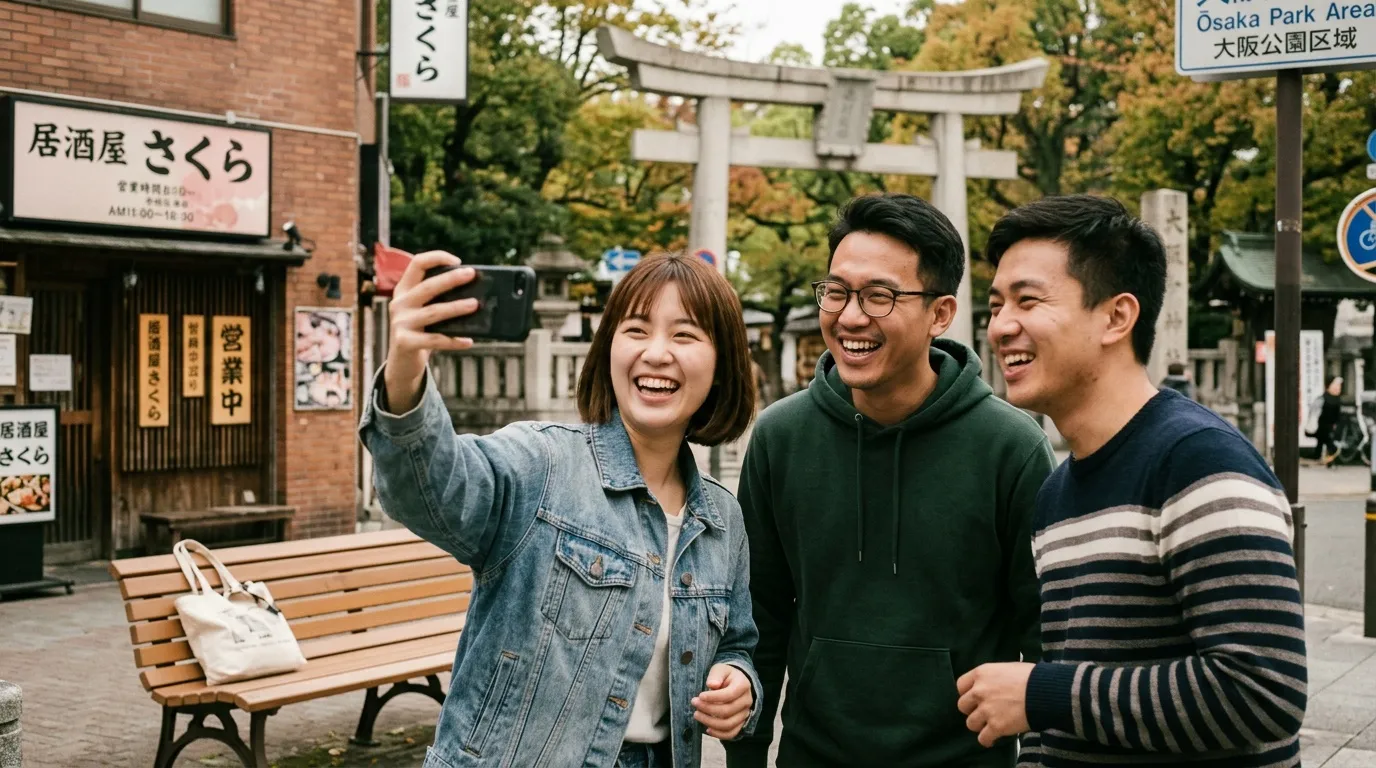 Trois jeunes gens souriants posent pour un selfie dans un parc japonais