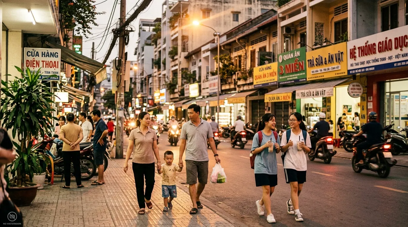 Rue piétonne animée à Hanoi avec commerces et habitants