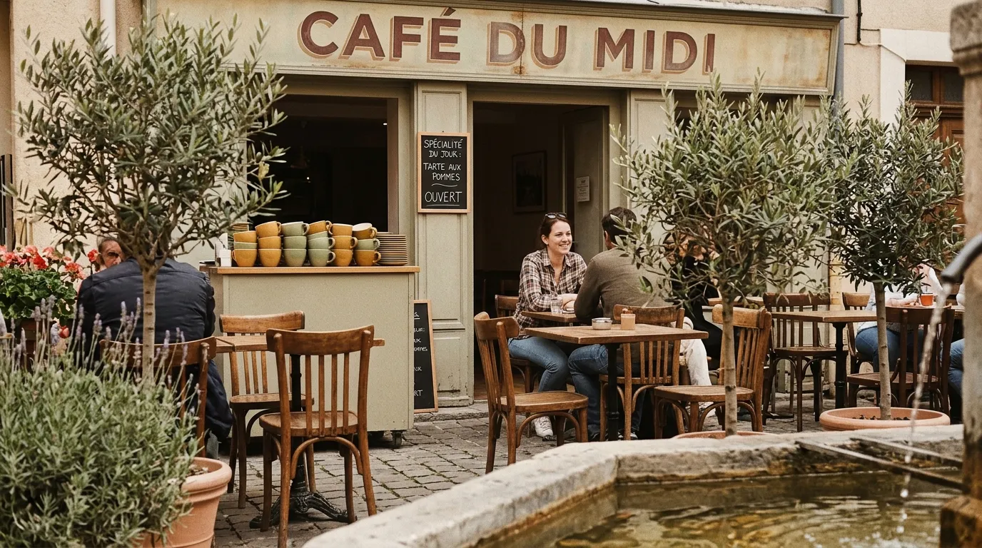 Terrasse de café français avec clients, plantes et façade vintage.