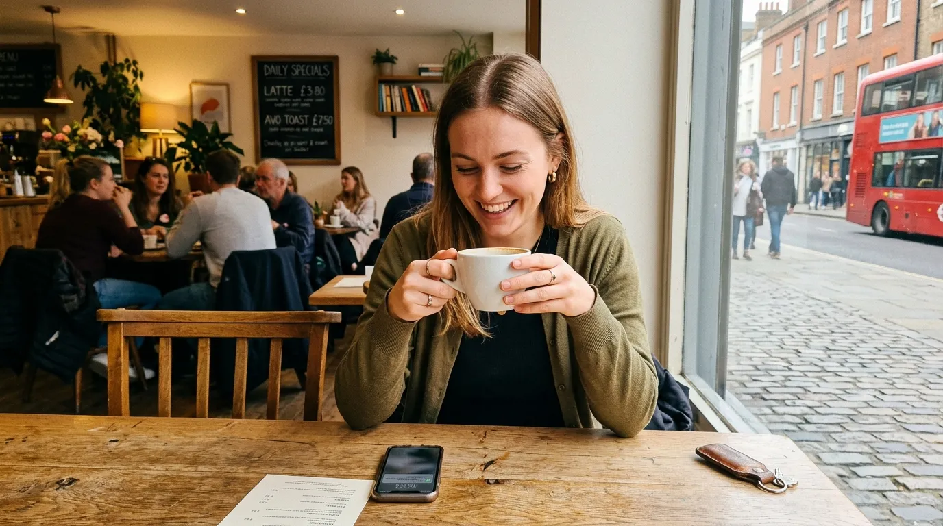 Femme souriante tenant une tasse de café dans un café urbain
