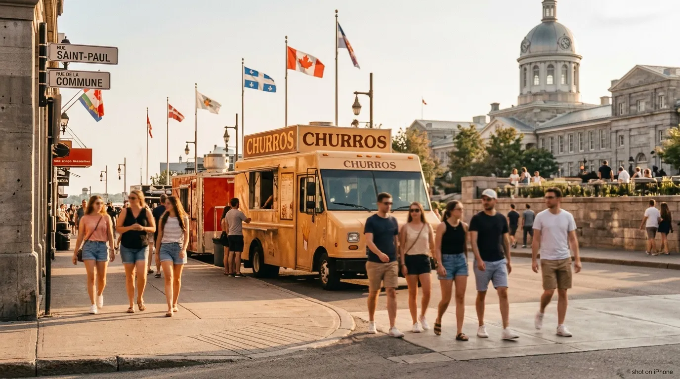 Camion churros dans rue animée avec dôme architectural