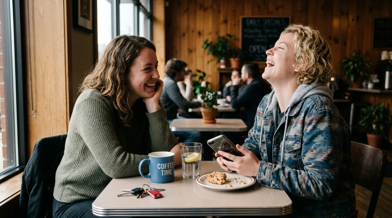 Deux femmes souriantes discutent à une table de café