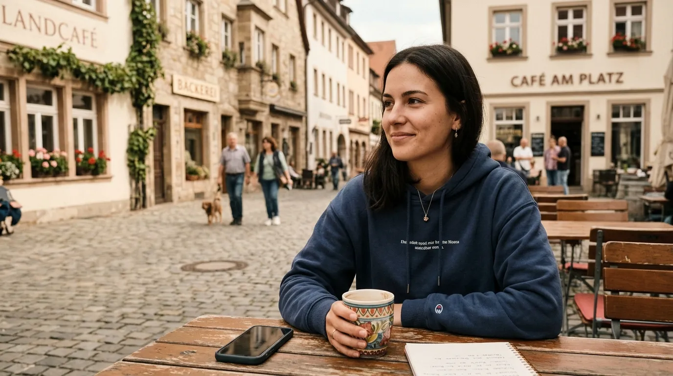 Femme souriante avec café en terrasse urbaine