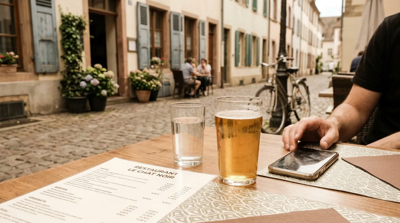 Verre de bière et eau sur table de restaurant en rue pavée