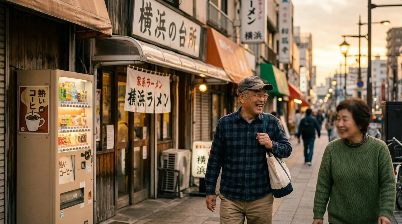 Couple âgé marchant dans une rue commerçante de Yokohama, Japon.