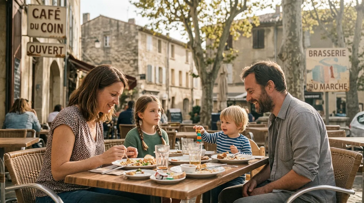 Famille heureuse mangeant à une terrasse de café en France