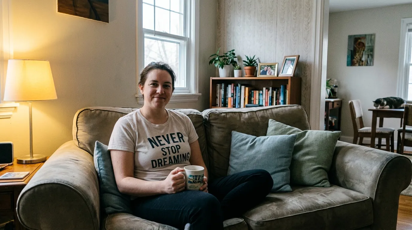 Femme assise sur un canapé gris, tenant une tasse de café