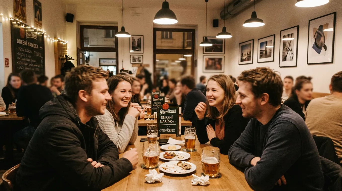 Groupe de jeunes gens riant autour de bières dans un bar