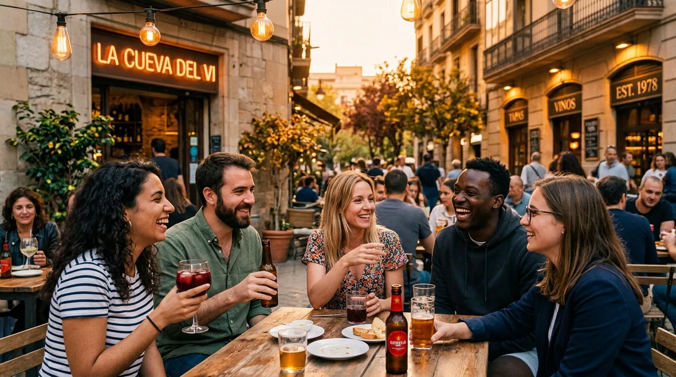 Groupe d'amis riant autour d'une table en terrasse