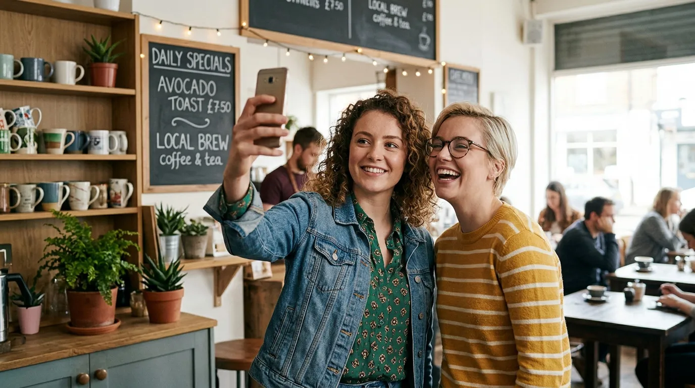 Deux jeunes femmes souriantes prennent un selfie dans un café moderne