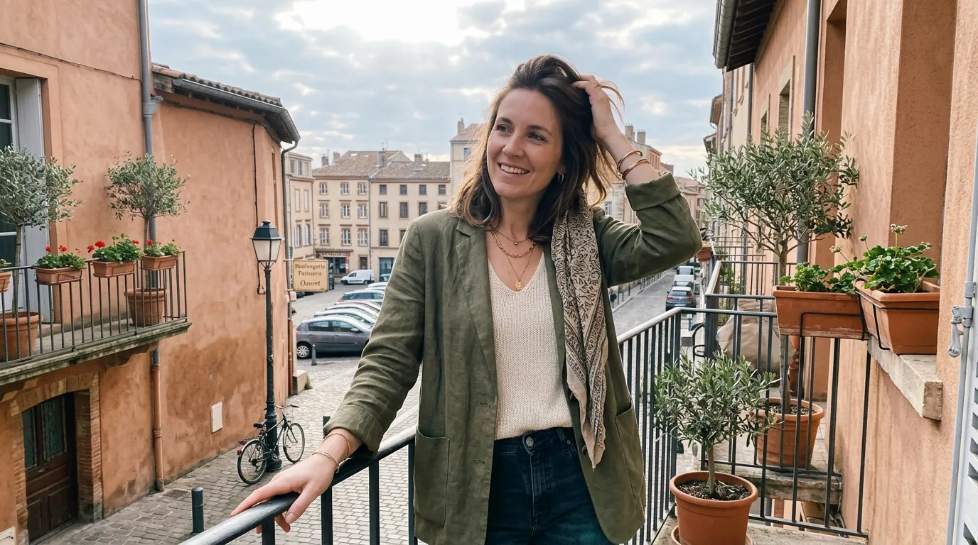 Femme souriante sur balcon avec vue sur rue pavée italienne