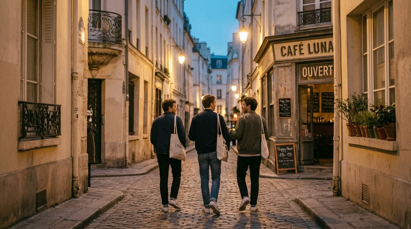 Trois personnes marchent dans une rue pavée parisienne illuminée
