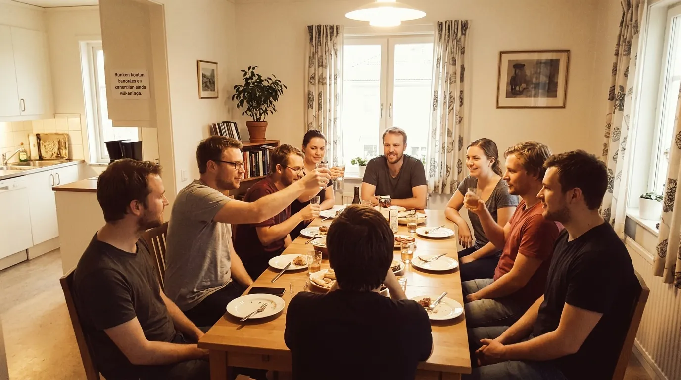 Groupe de personnes partageant un repas autour d'une table.