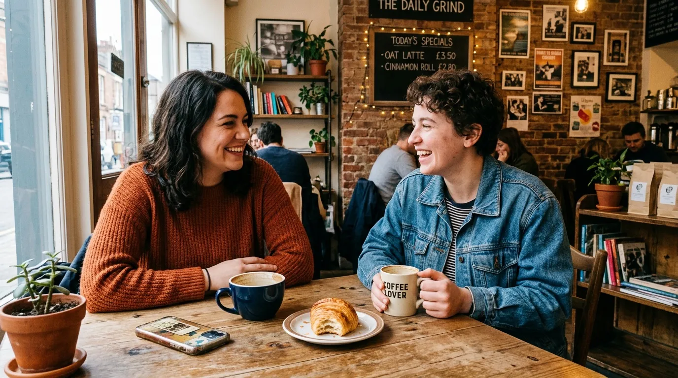 Deux femmes rient autour d'un café dans un café cosy.